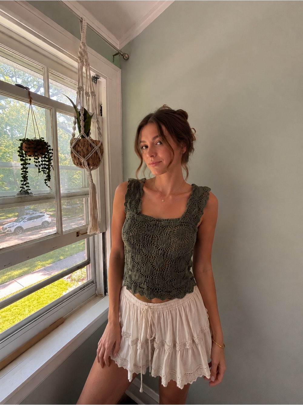Free People Love Letter Textured Tank Top Boho Coquette Stretch Top SZ S/M